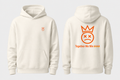 Pacheco off-white Brokie hoodie shown from the front and back with orange artwork and Together We Win fire statement