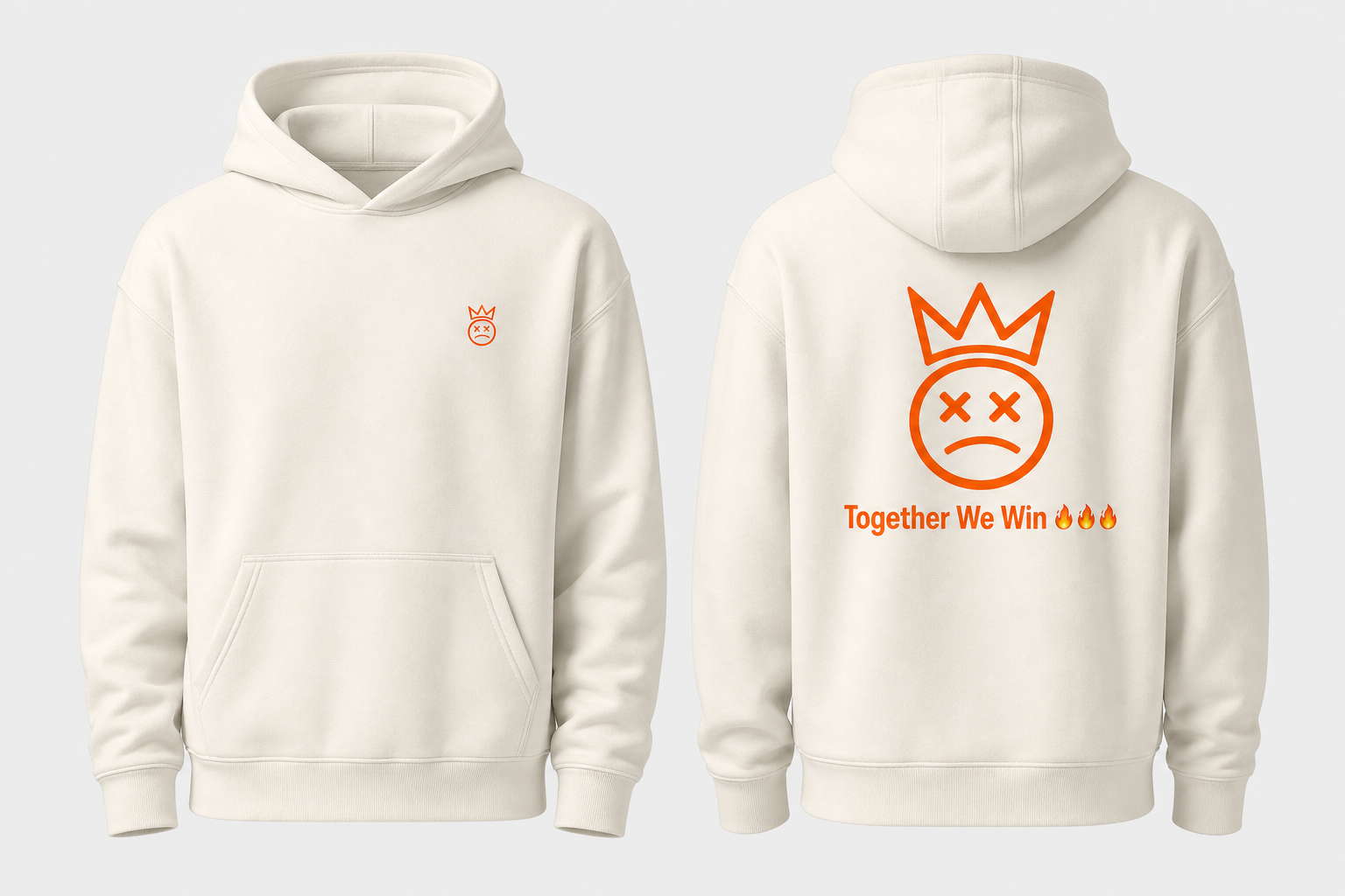 Pacheco off-white Brokie hoodie shown from the front and back with orange artwork and Together We Win fire statement